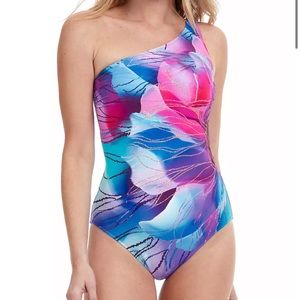 Gottex Swimwear Golden Asymmetric Floral One-Piece Swimsuit Size 12